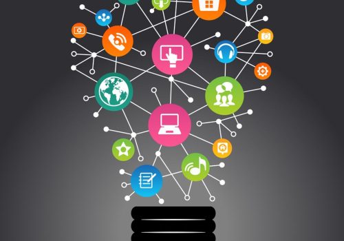 Targeted Media Lists Modern infographic template. Creative light bulb with application icon. Business software and social media concept. File is saved in AI10 EPS version. This illustration contains a transparency.